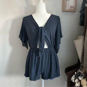 By Together Romper in Dark Blue Short Sleeve V-Neck Tie Summer Spring Casual